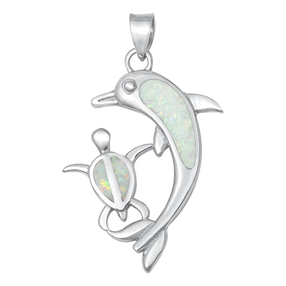 Sterling Silver White Synthetic Opal Dolphin Turtle Pendant Ocean Charm 925 New