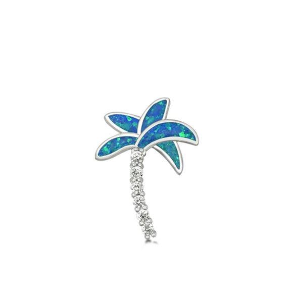 Sterling Silver Blue Synthetic Opal Clear CZ Palm Tree Pendant Beach Charm 925
