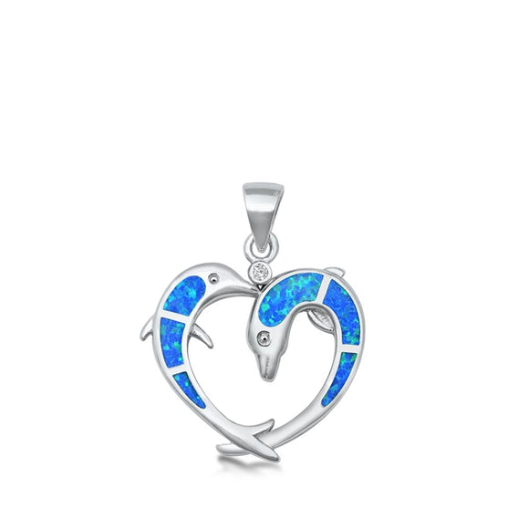 Sterling Silver Blue Synthetic Opal Dolphin Pendant Promise Heart Love Charm 925