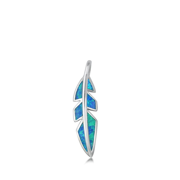 Sterling Silver Blue Synthetic Opal Feather Pendant Geometric Boho Unique Charm