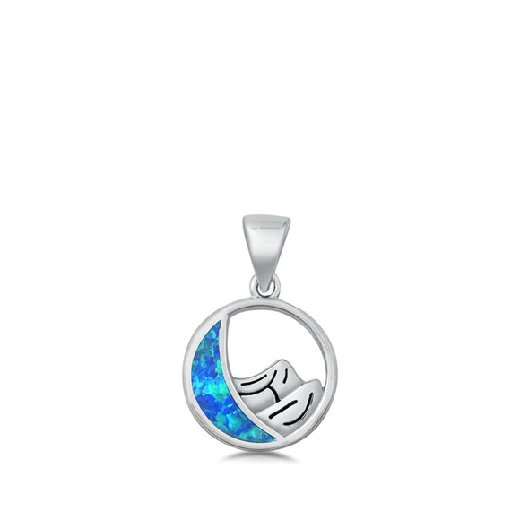Sterling Silver Blue Synthetic Opal Mountain Range Pendant Crescent Moon Charm
