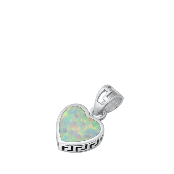 Sterling Silver Polished White Synthetic Opal Heart Pendant Greek Key Charm