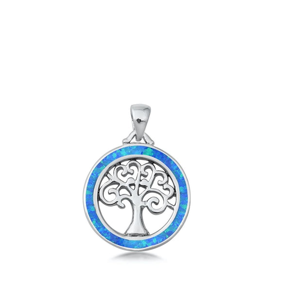 Sterling Silver Blue Synthetic Opal Tree of Life Pendant Medallion Charm 925 New