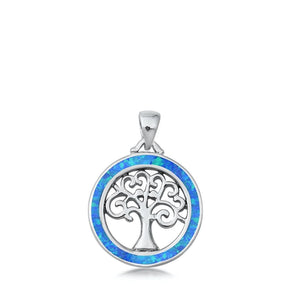 Sterling Silver Blue Synthetic Opal Tree of Life Pendant Medallion Charm 925 New