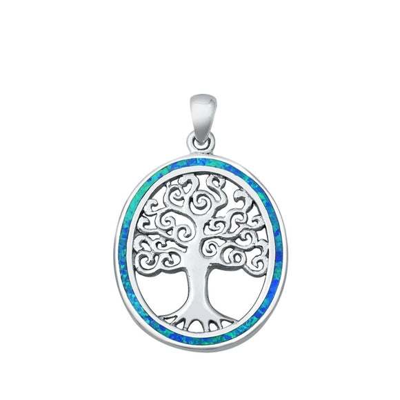 Sterling Silver Blue Synthetic Opal Tree of Life Pendant Curl Swirl Spiral Charm