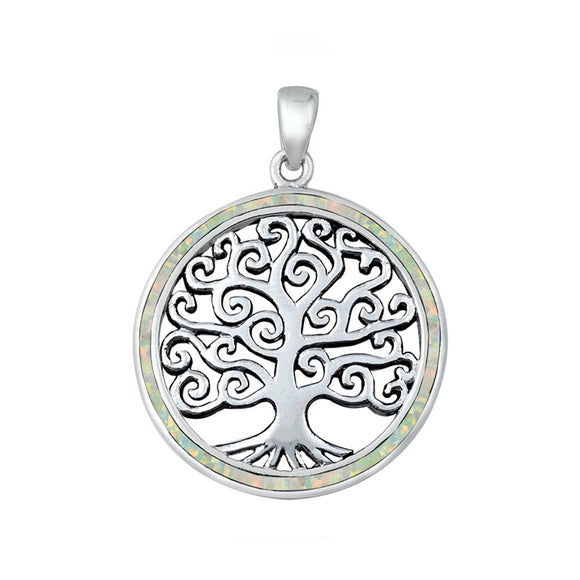 Sterling Silver White Synthetic Opal Tree of Life Pendant Swirl Curl Charm 925