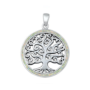 Sterling Silver White Synthetic Opal Tree of Life Pendant Swirl Curl Charm 925