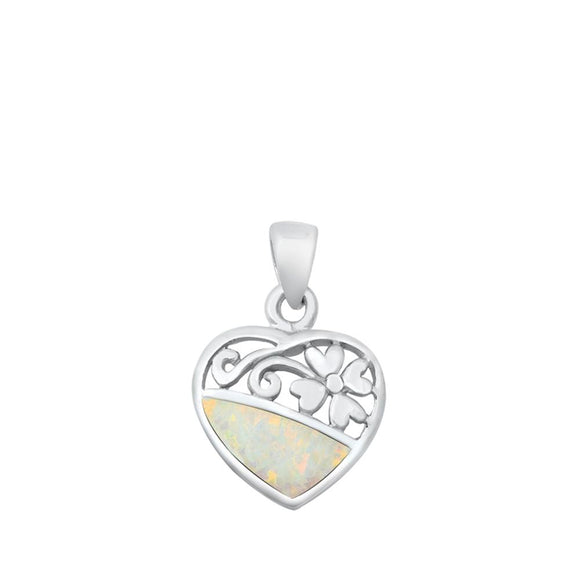 Sterling Silver White Synthetic Opal Promise Heart Pendant Curl Flower Charm 925