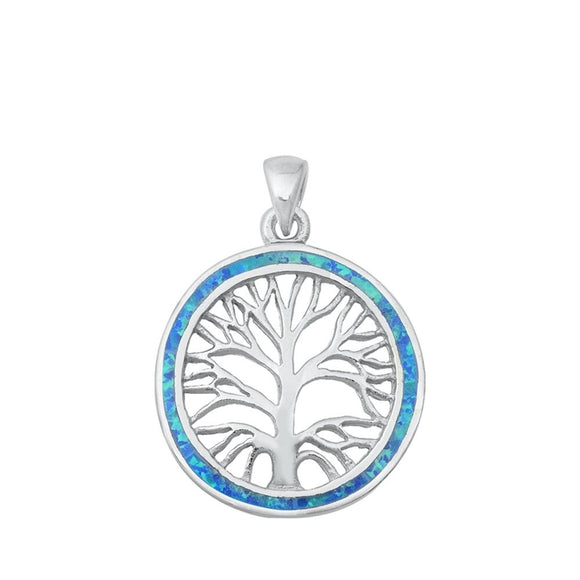 Sterling Silver Blue Synthetic Opal Tree of Life Pendant Branch Circle Charm 925