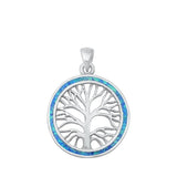 Sterling Silver Blue Synthetic Opal Tree of Life Pendant Branch Circle Charm 925