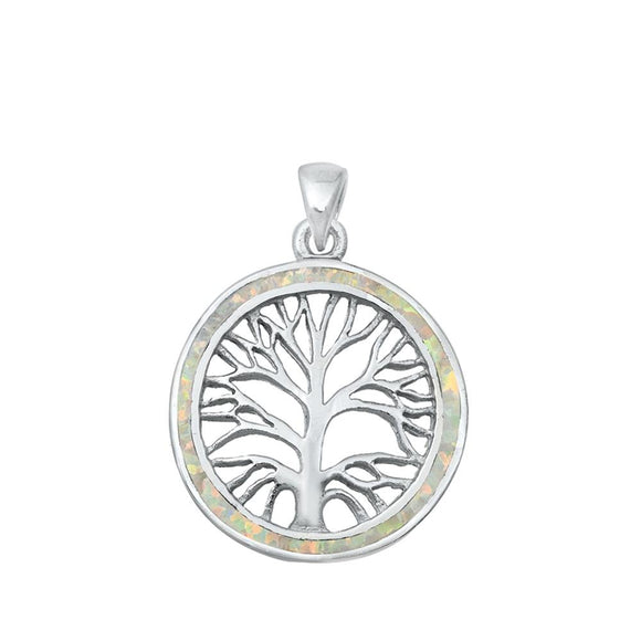 Sterling Silver White Synthetic Opal Tree of Life Medallion Pendant Mosaic Charm