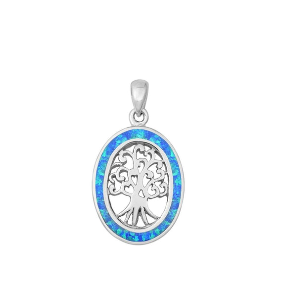 Sterling Silver Blue Synthetic Opal Tree of Life Pendant Oval Promise Charm 925