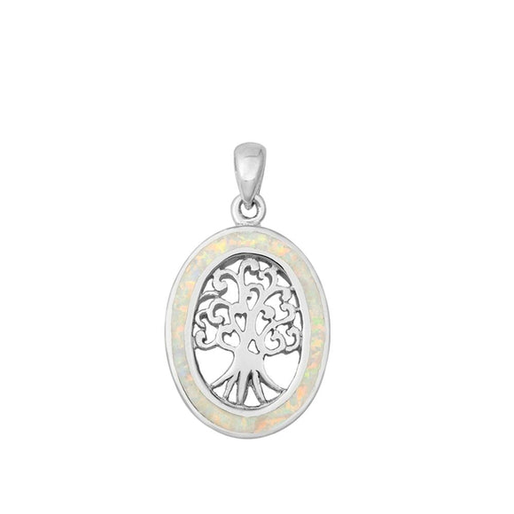 Sterling Silver White Synthetic Opal Oval Tree of Life Pendant Swirl Charm 925