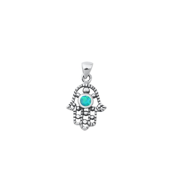Sterling Silver Opal Blue Round Hamsa Hand Pendant 925 New Oxidized Amulet Charm