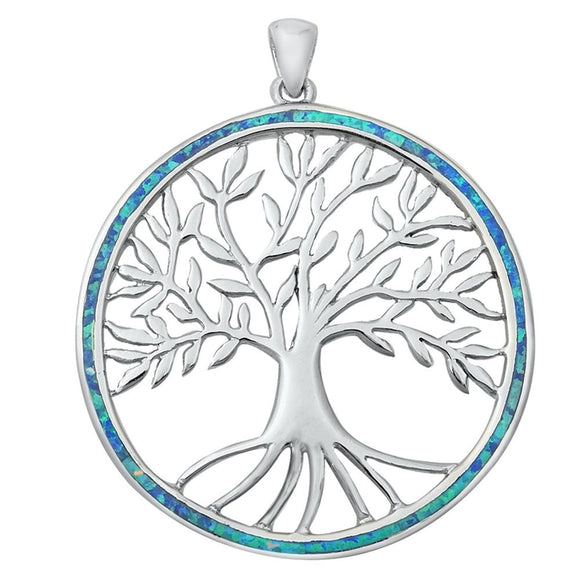 Sterling Silver Blue Synthetic Opal Tree of Life Medallion Pendant Branch Charm