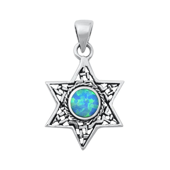 Sterling Silver Blue Synthetic Opal Star of David Pendant Rope Halo Jewish Charm