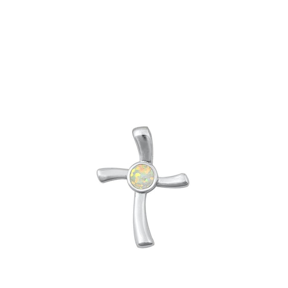 Sterling Silver White Synthetic Opal Wavy Cross Pendant Sideways Unique Charm