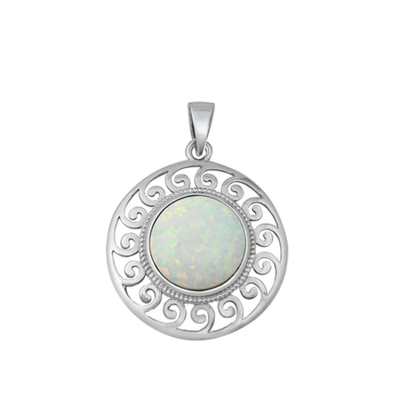 Sterling Silver White Synthetic Opal Sun Medallion Pendant Rope Halo Swirl Charm
