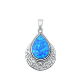 Sterling Silver Blue Synthetic Opal Etched Boho Teardrop Pendant Flower Charm