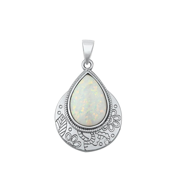 Sterling Silver White Synthetic Opal Etched Boho Drop Pendant Rope Halo Charm