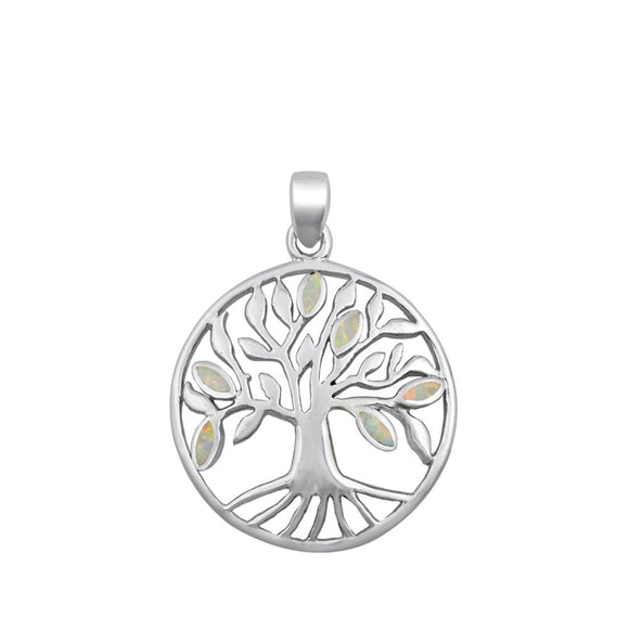 Sterling Silver White Synthetic Opal Tree of Life Pendant Leaf Branch Charm 925