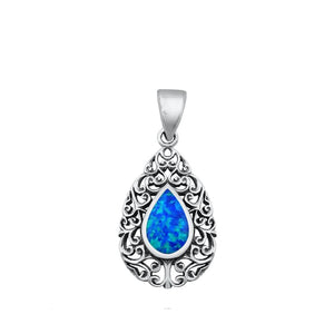 Sterling Silver Blue Synthetic Opal Victorian Style Teardrop Pendant Charm 925