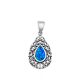 Sterling Silver Blue Synthetic Opal Victorian Style Teardrop Pendant Charm 925