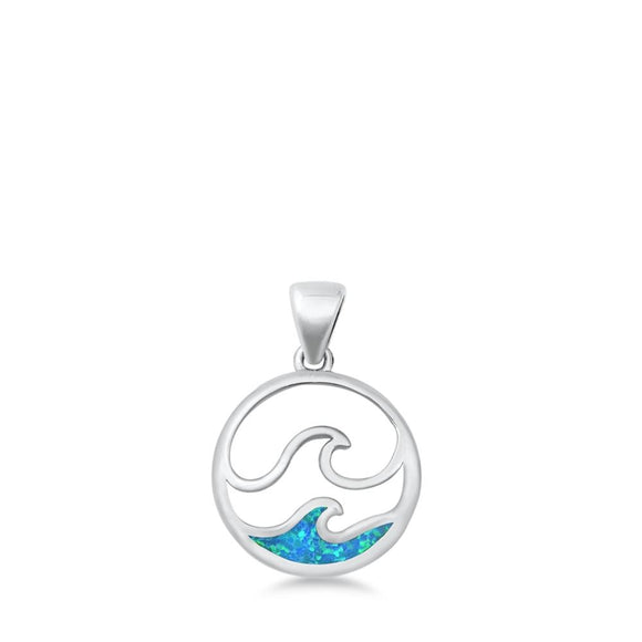 Sterling Silver Cute Blue Synthetic Opal Wave Pendant Beach Ocean Charm 925 New