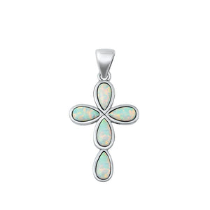 Sterling Silver White Synthetic Opal Teardrop Cross Pendant Faith Jesus Charm