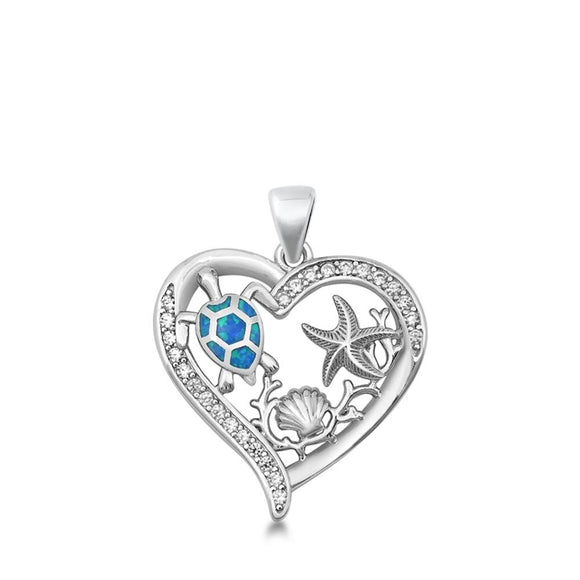 Sterling Silver Fashion Blue Synthetic Opal Turtle Shell Pendant Heart Charm 925