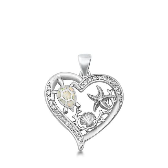 Sterling Silver Cute White Synthetic Opal Heart Pendant Turtle Shell Sea Charm