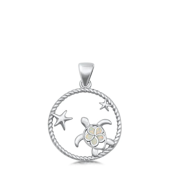 Sterling Silver Unique White Synthetic Opal Sea Turtle Pendant Star Flower Charm
