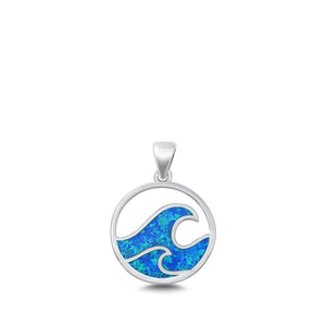 Sterling Silver Unique Blue Synthetic Opal Wave Pendant Ocean Sea Beach Charm