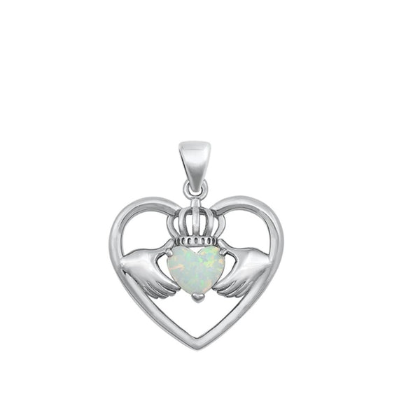 Sterling Silver Classic White Synthetic Opal Heart Claddagh Pendant Love Charm