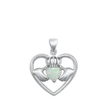 Sterling Silver Classic White Synthetic Opal Heart Claddagh Pendant Love Charm