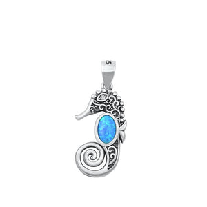 Sterling Silver Unique Seahorse Blue Synthetic Opal Pendant Charm 925 New