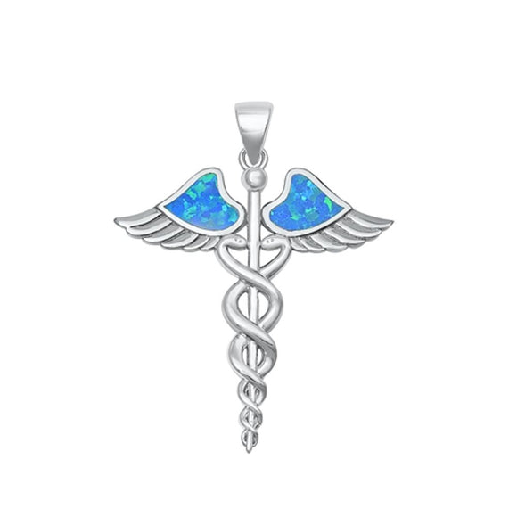 Sterling Silver Fashion Blue Synthetic Opal Caduceus Pendant Medical Charm 925