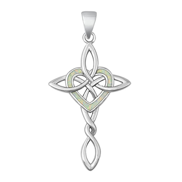 Sterling Silver Cute White Synthetic Opal Heart Pendant Celtic Cross Charm 925