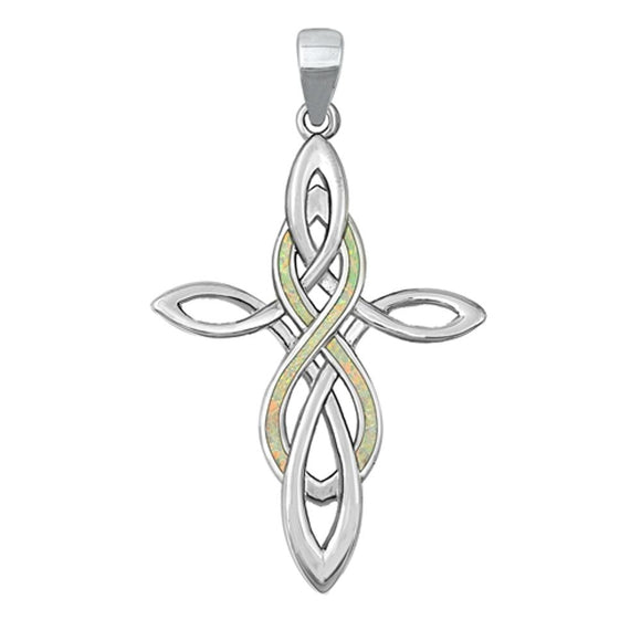 Sterling Silver Unique White Synthetic Opal Celtic Cross Pendant Infinity Charm