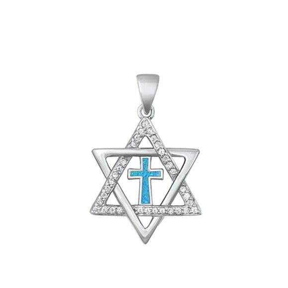 Sterling Silver Classic Messianic Cross Blue Synthetic Opal Pendant Cute Charm