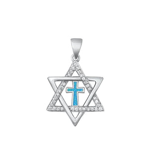 Sterling Silver Classic Messianic Cross Blue Synthetic Opal Pendant Cute Charm
