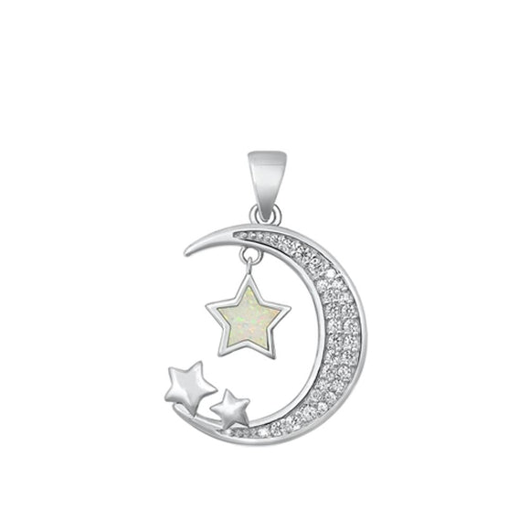 Sterling Silver Wholesale White Synthetic Opal Clear CZ Pendant Moon Stars Charm