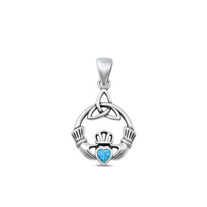 Sterling Silver Cute Blue Synthetic Opal Claddagh Pendant Polished Charm 925 New
