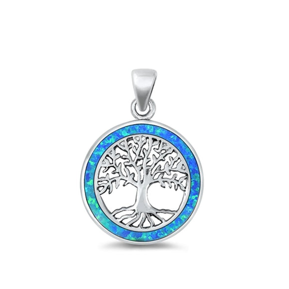Sterling Silver Beautiful Blue Synthetic Opal Tree of Life Pendant Beauty Charm