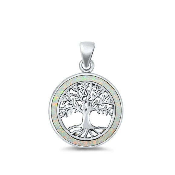 Sterling Silver Polished White Synthetic Opal Tree of Life Pendant Vintage Charm