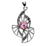 Art Deco Style Leaf Pendant Pink Simulated CZ .925 Sterling Silver Round Charm