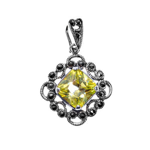 Filigree Swirl Square Pendant Yellow Simulated CZ .925 Sterling Silver Charm