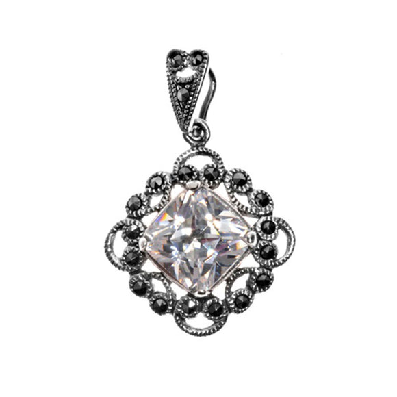 Sterling Silver Filigree Swirl Border Square Pendant Clear Simulated CZ Charm