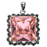 Vintage Square Pendant Pink Simulated CZ .925 Sterling Silver Halo Fancy Charm