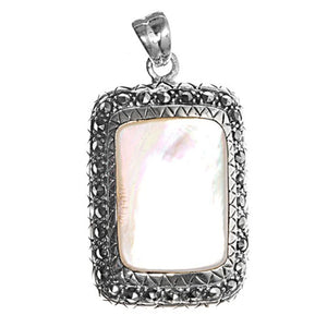 Sterling Silver Ornate Framed Rectangle Pendant Simulated Mother of Pearl Charm